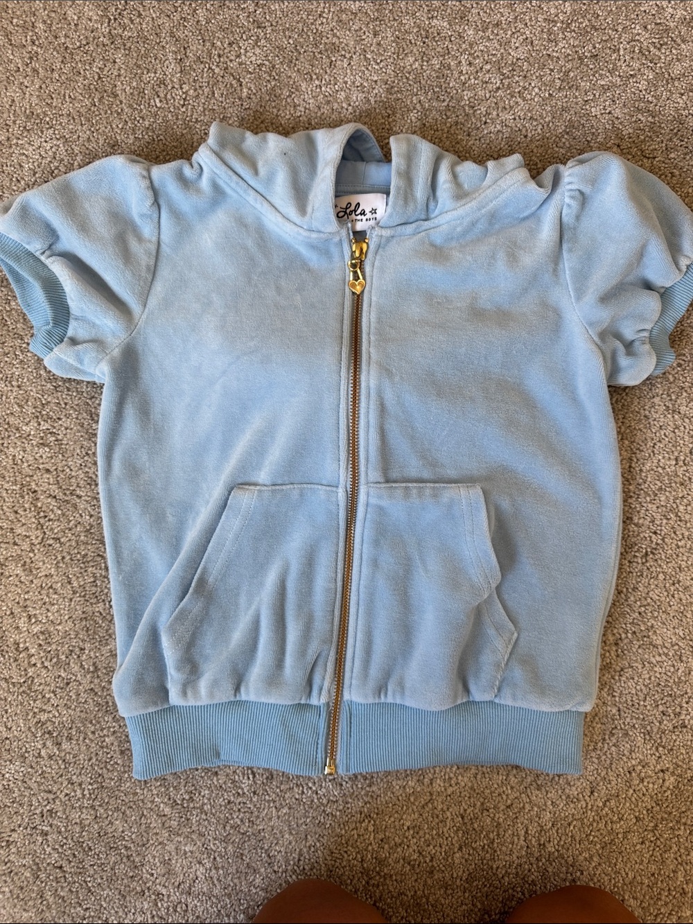 Lola + The Boys Light Blue Short-Sleeve Zip Hoodie with Gold Zipper